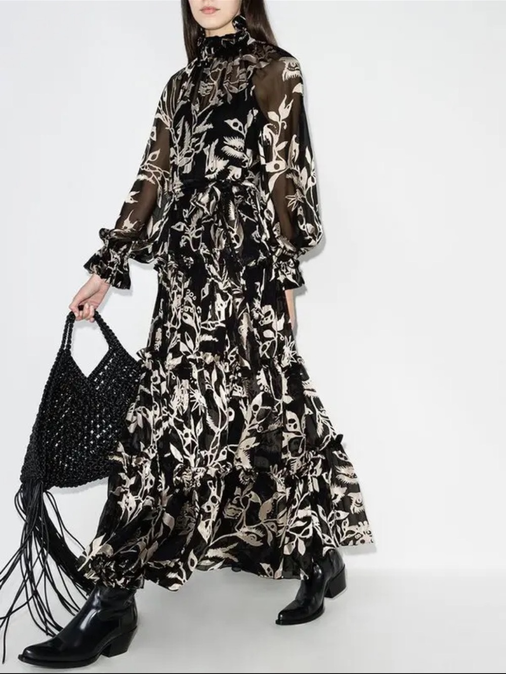 Zimmermann Black and Cream Floral Ruffled Maxi Dress size S